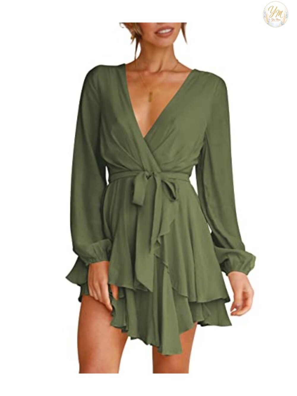 Deep V-Neck Long Sleeve Mini Skater Dress with Waist Tie Ruffle
